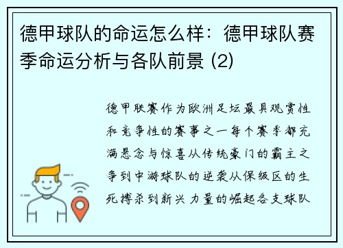 德甲球队的命运怎么样：德甲球队赛季命运分析与各队前景 (2)